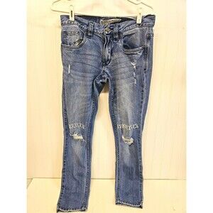 Broken Promises Men's Blue Distressed Denim Jeans Slim Straight Embroidered Logo